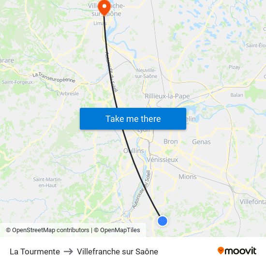 La Tourmente to Villefranche sur Saône map
