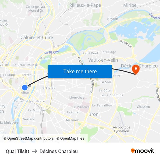 Quai Tilsitt to Décines Charpieu map