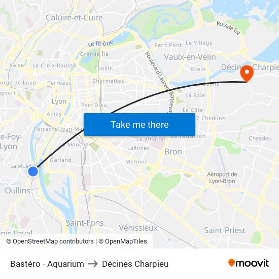 Bastéro - Aquarium to Décines Charpieu map