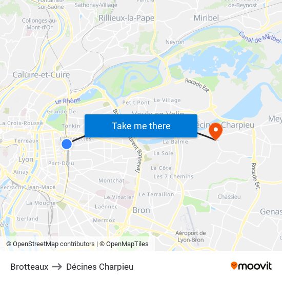 Brotteaux to Décines Charpieu map