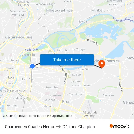 Charpennes Charles Hernu to Décines Charpieu map