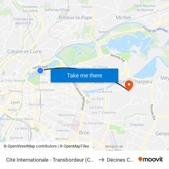 Cité Internationale - Transbordeur (Centre De Congrès) to Décines Charpieu map