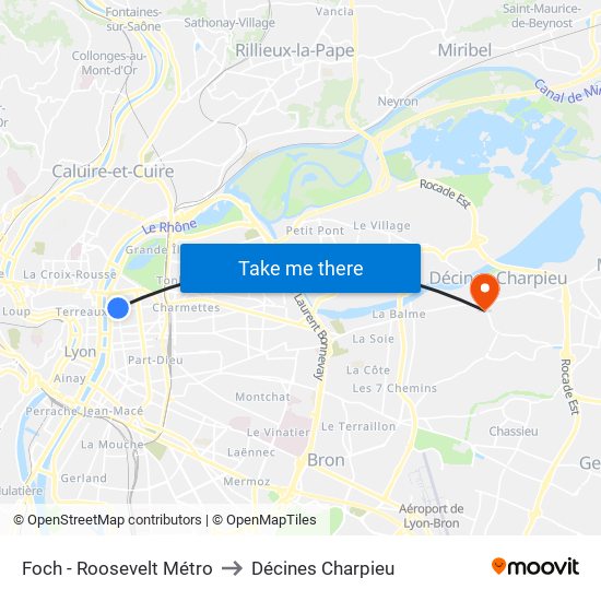 Foch - Roosevelt Métro to Décines Charpieu map