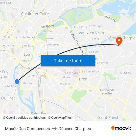 Musée Des Confluences to Décines Charpieu map