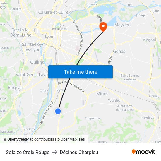 Solaize Croix Rouge to Décines Charpieu map