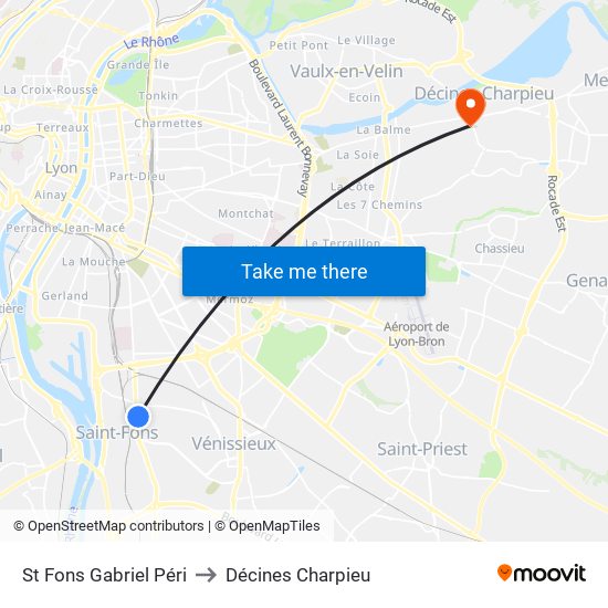 St Fons Gabriel Péri to Décines Charpieu map