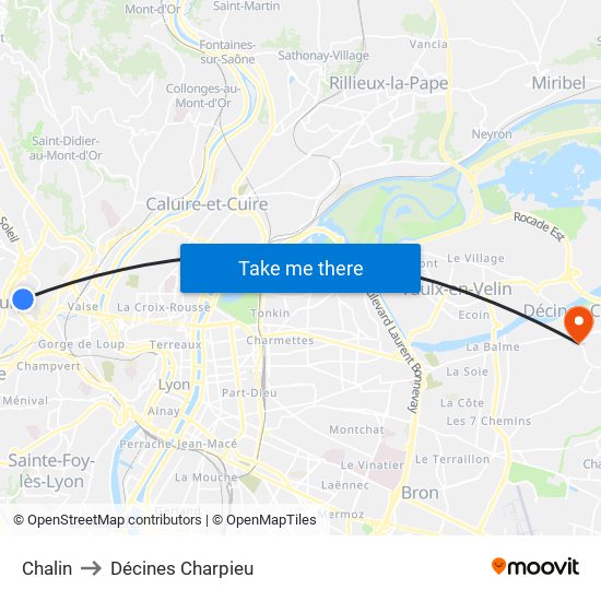 Chalin to Décines Charpieu map