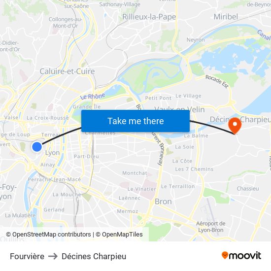 Fourvière to Décines Charpieu map