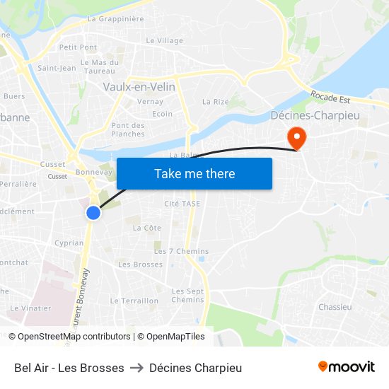 Bel Air - Les Brosses to Décines Charpieu map
