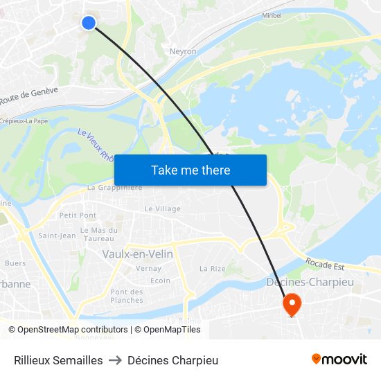 Rillieux Semailles to Décines Charpieu map