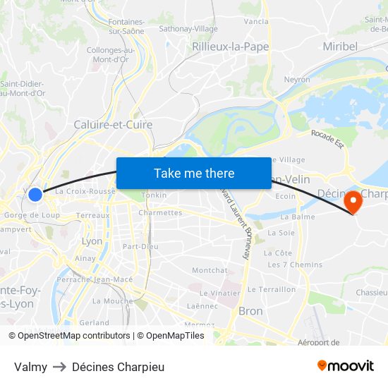 Valmy to Décines Charpieu map