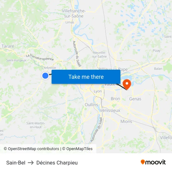 Sain-Bel to Décines Charpieu map