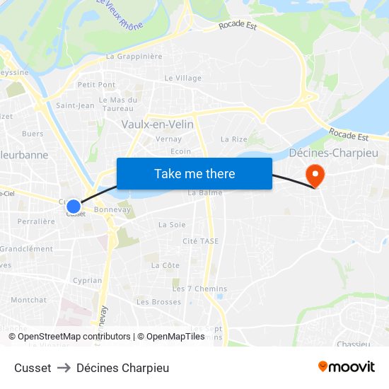 Cusset to Décines Charpieu map
