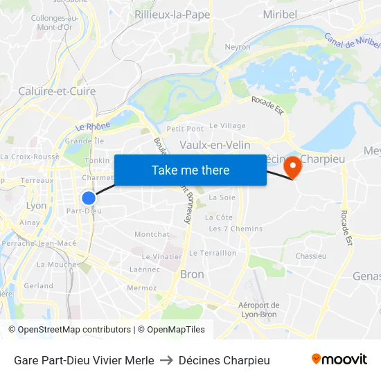 Gare Part-Dieu Vivier Merle to Décines Charpieu map