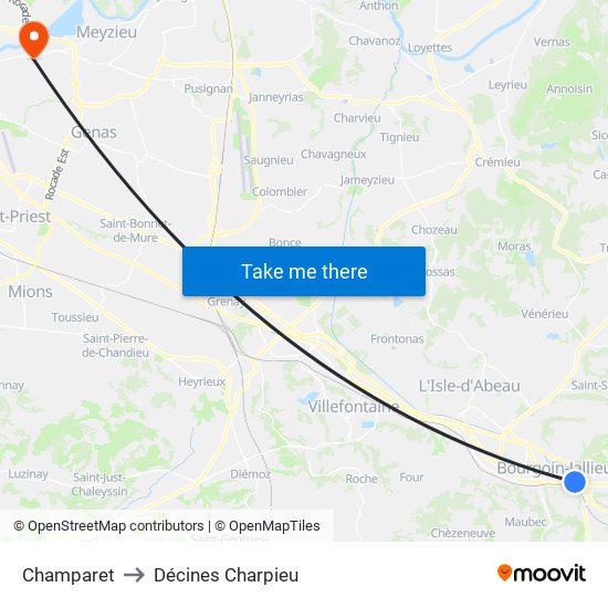 Champaret to Décines Charpieu map