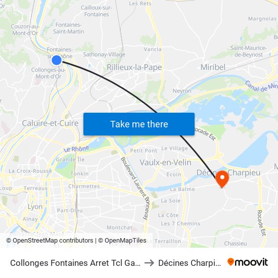 Collonges Fontaines Arret Tcl Gare to Décines Charpieu map