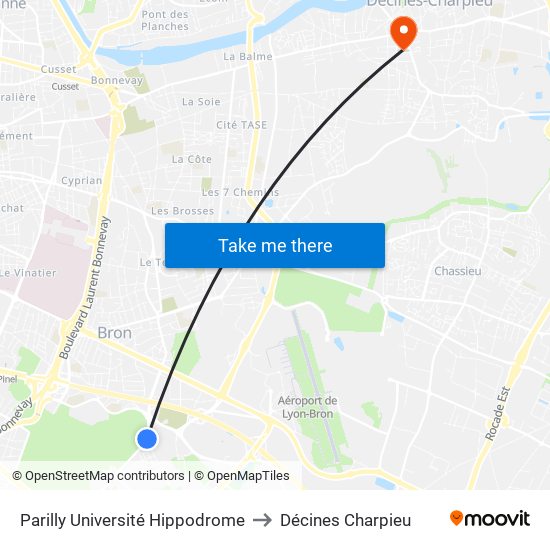 Parilly Université Hippodrome to Décines Charpieu map