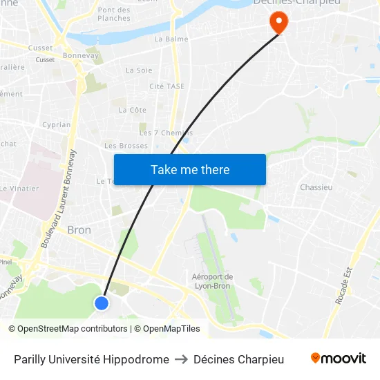 Parilly Université Hippodrome to Décines Charpieu map