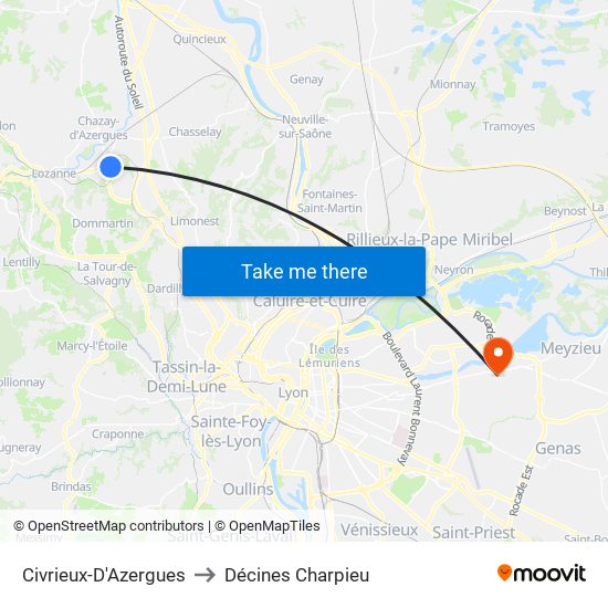 Civrieux-D'Azergues to Décines Charpieu map