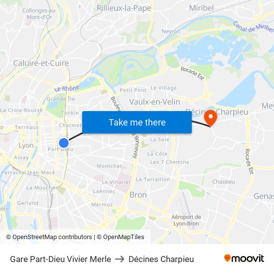 Gare Part-Dieu Vivier Merle to Décines Charpieu map