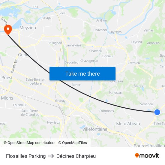 Flosailles Parking to Décines Charpieu map