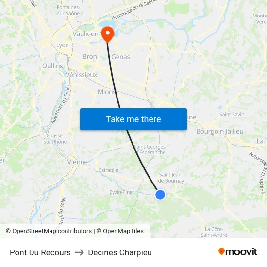 Pont Du Recours to Décines Charpieu map