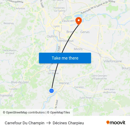 Carrefour Du Champin to Décines Charpieu map