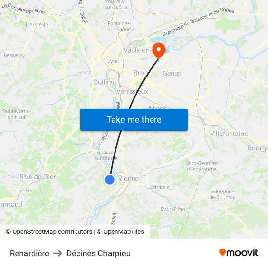 Renardière to Décines Charpieu map