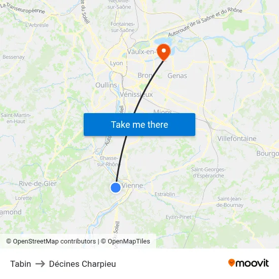 Tabin to Décines Charpieu map