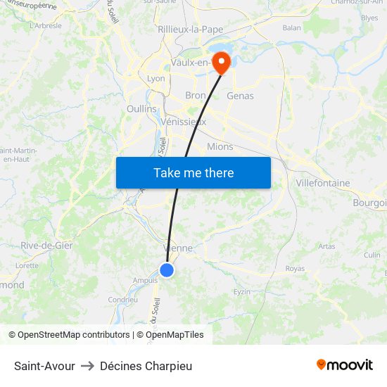 Saint-Avour to Décines Charpieu map