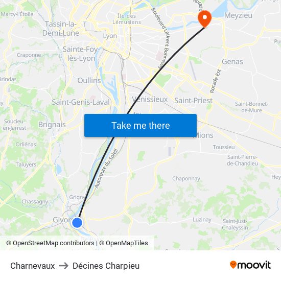 Charnevaux to Décines Charpieu map