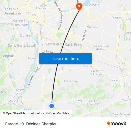 Garage to Décines Charpieu map
