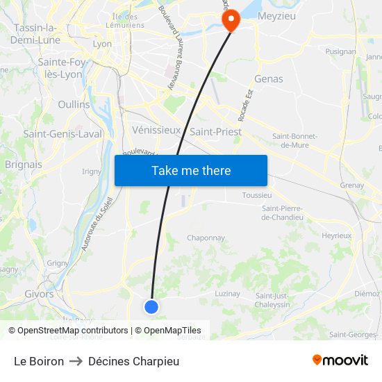 Le Boiron to Décines Charpieu map