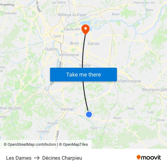 Les Dames to Décines Charpieu map