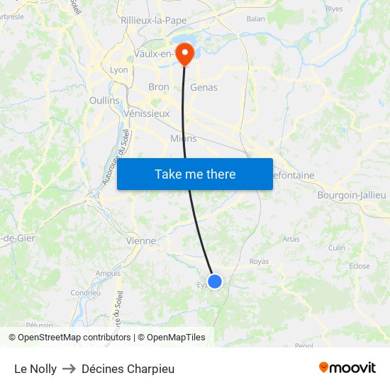 Le Nolly to Décines Charpieu map