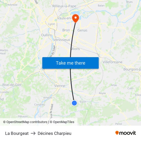 La Bourgeat to Décines Charpieu map