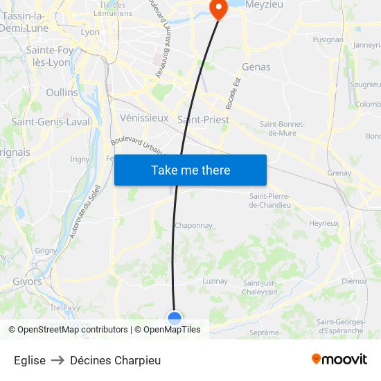 Eglise to Décines Charpieu map