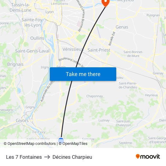Les 7 Fontaines to Décines Charpieu map