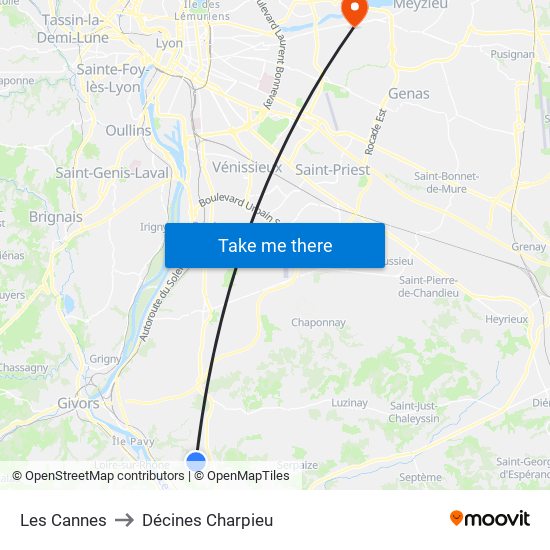 Les Cannes to Décines Charpieu map
