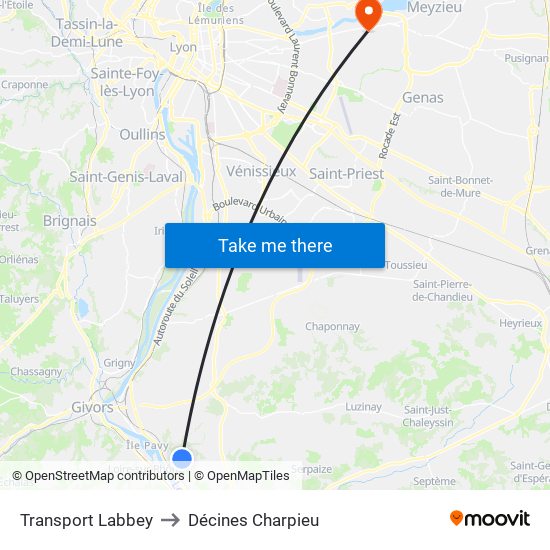 Transport Labbey to Décines Charpieu map