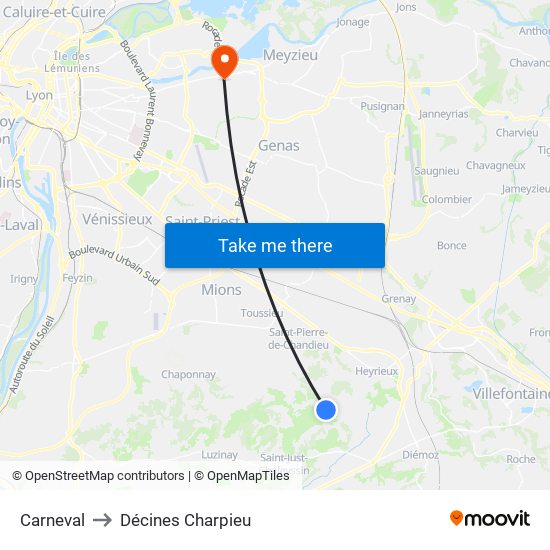 Carneval to Décines Charpieu map