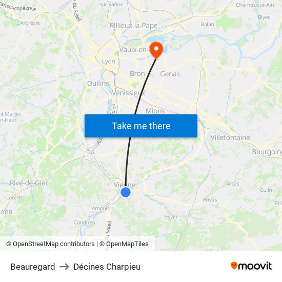 Beauregard to Décines Charpieu map