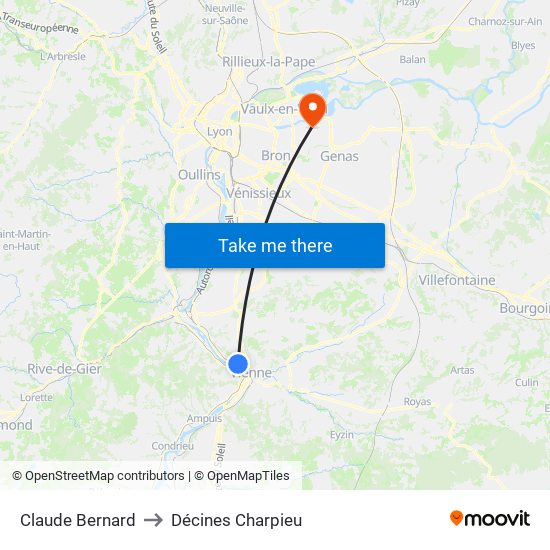 Claude Bernard to Décines Charpieu map