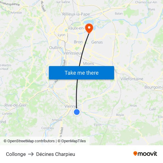 Collonge to Décines Charpieu map