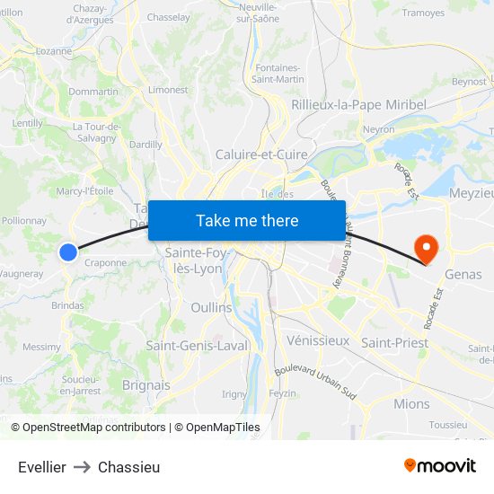 Evellier to Chassieu map