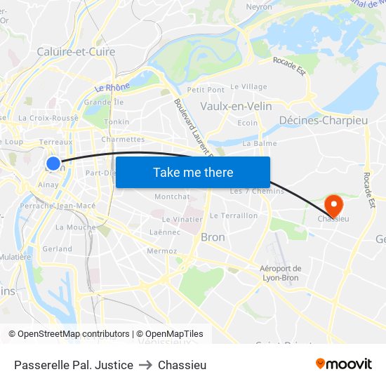 Passerelle Pal. Justice to Chassieu map