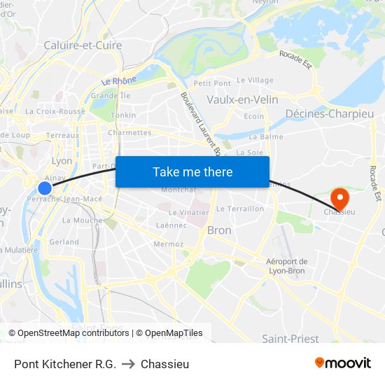 Pont Kitchener R.G. to Chassieu map