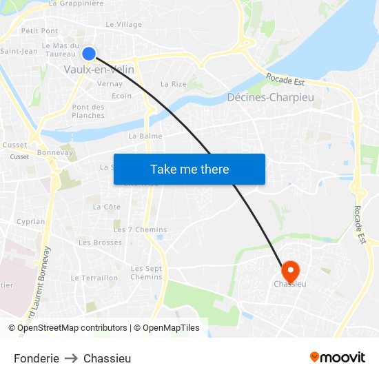 Fonderie to Chassieu map