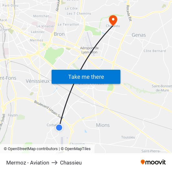 Mermoz - Aviation to Chassieu map