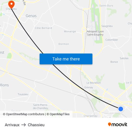 Arrivaux to Chassieu map